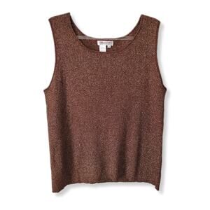 90s Ribbed Silk Knit Brown Gold Metallic Sleeveless Top 2X Sparkle Shimmer